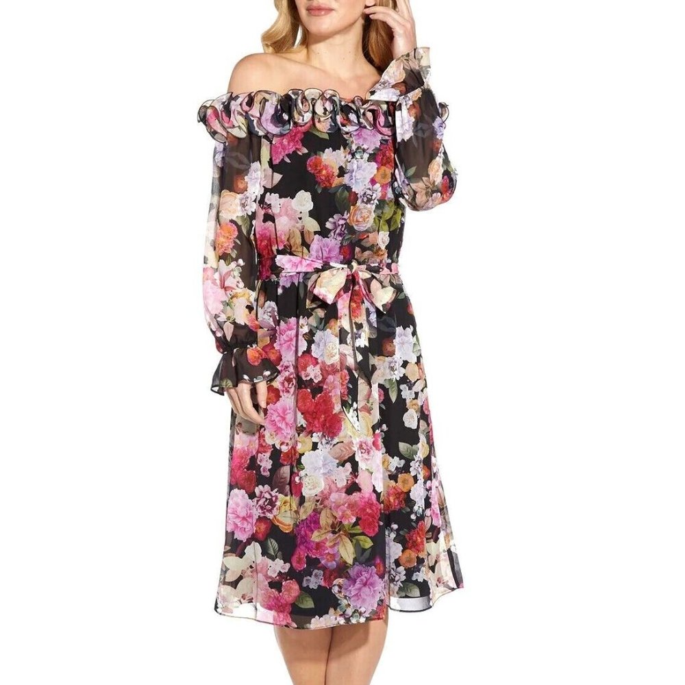 Adrianna Papell floral printed off shoulder ruffle chiffon midi dress size 6